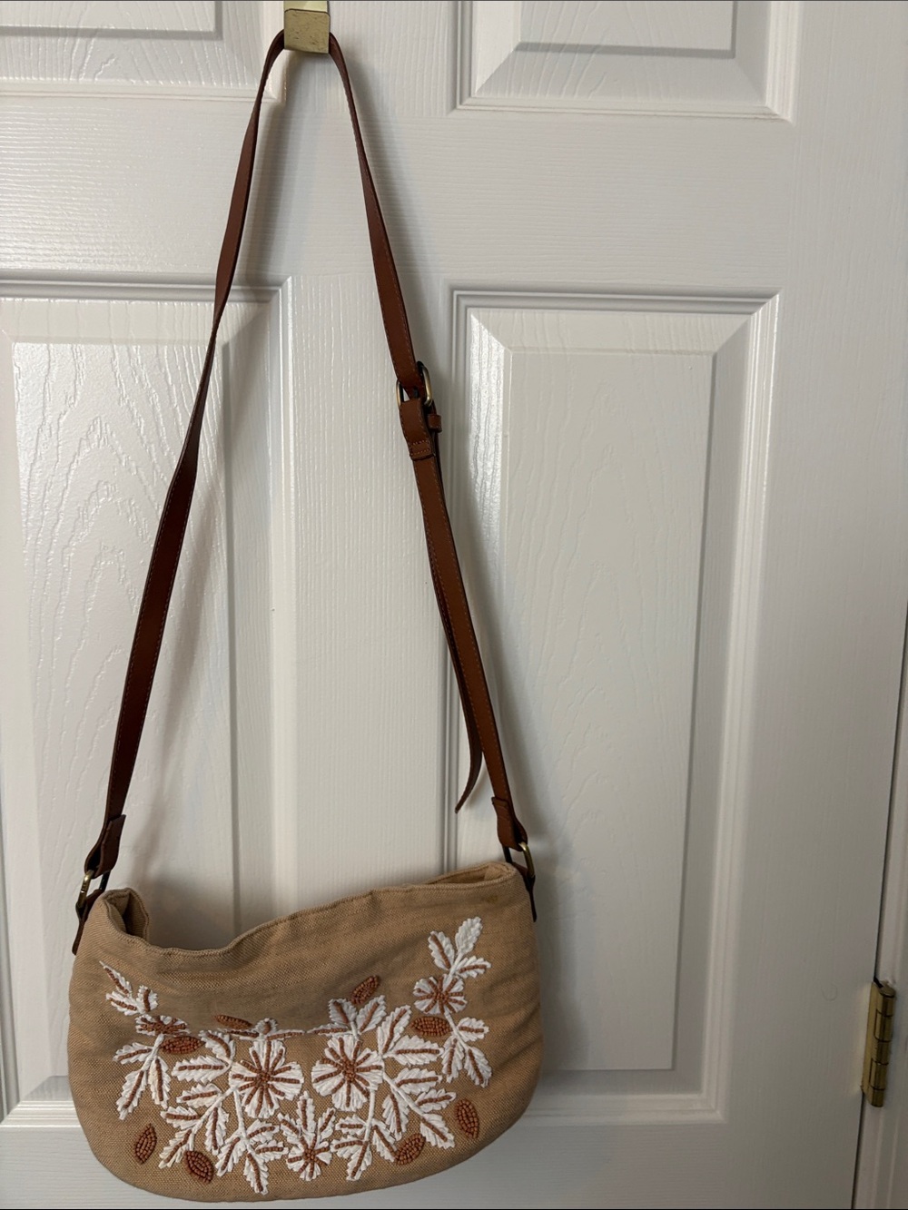 Chico's Tan Canvas Crossbody with White Floral Embroidery and Brown Strap